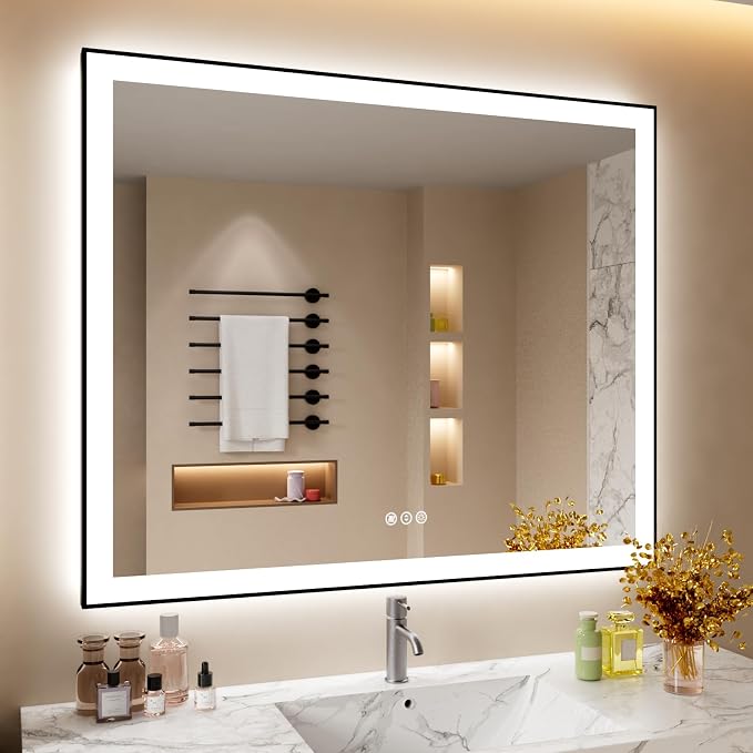 48x40 Inch LED Bathroom Mirror with Black Frame | Black Metal Frame, Front and Backlit, 3 Colors, Dimmable, Memory, Anti Fog, Tempered Glass, Lighted Mirror for Wall
