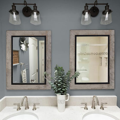 YOSHOOT Rustic Wooden Framed Wall Mirror, 48"x30", Natural Wood and Iron Bathroom Vanity Mirror for Farmhouse Decor, Vertical or Horizontal Hanging