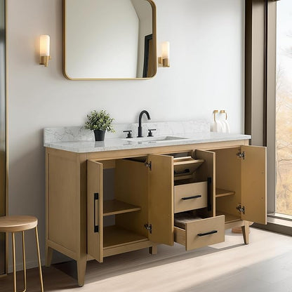 Vanity Art 60 inch Bathroom Vanity with Single Sink & Ceramic Top, Vanity Cabinet with Soft-Closing Doors, Drawers, Solid Wood Frame, Natural Oak, VA9060-SNO-GB1