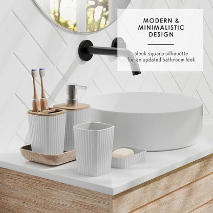 Clara Clark White Bathroom Set, Shower Curtain Set, Bathroom Accessory Set | 20 Piece Bathroom Accessories Set with Toothbrush Holder, Soap Dispenser, Soap Dish, Toilet Brush, and Bathroom Trash Can