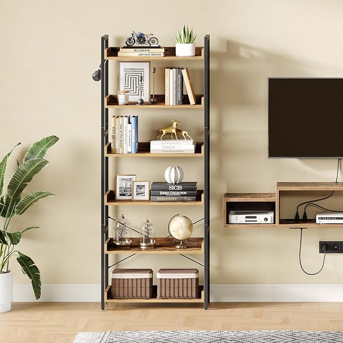 Rolanstar Bookshelf 6 Tier with 4 Hooks, Industrial Wood Bookcase, Vintage Storage Rack with Open Shelves, Rustic Standing Bookshelves Metal Frame Display Rack for Living Room, Bedroom, Rustic Brown