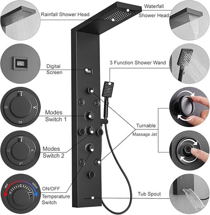 Stainless Steel Shower Panel Tower System Rain Massage System 6 IN 1 Body Spray Jets Shower Wall Panels Rainfall Waterfall Shower Head Tub Spout with Temperature Display,Matte Black