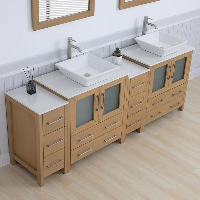Vanity Art 84 Inch Vessel Double Sink Bathroom Vanity Cabinet with 2 Mirrors, Engineered Marble Top Bathroom Cabinet Compact Set with 10 Dovetail Drawers and Soft Closing Doors, VA3130-84NO