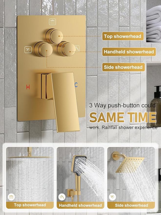 Woindo Shower Faucet Set, 10" Ceiling Mount Rainfall Shower System with 2 Rain Shower Head and Multi-function Handheld Head Push Button Diverter Shower Faucet Trim Kit