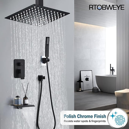 10 Inch Shower Faucet Set, Ceiling Mounted Rainfall Shower System with High Pressure Handheld Shower Head, Bathroom Mixer Shower Set Rough-in Valve and Trim Kit, Matte Black, with Tub Spout