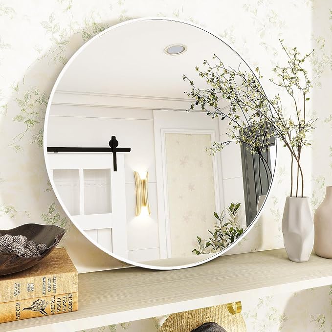 White Round Bathroom Mirror 24", Thin Metal Frame Wall Mirror | Circle Vanity Mirror for Over Sink, Hanging or Leaning Decor for Hallway, Entryway, Fireplace Mantel, Living Room