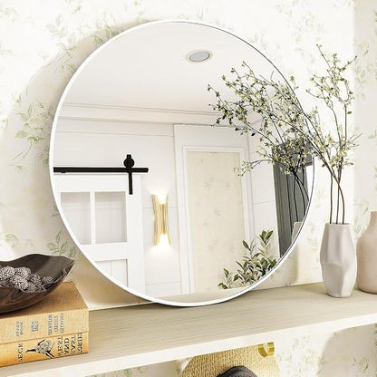 White Round Bathroom Mirror 24", Thin Metal Frame Wall Mirror | Circle Vanity Mirror for Over Sink, Hanging or Leaning Decor for Hallway, Entryway, Fireplace Mantel, Living Room