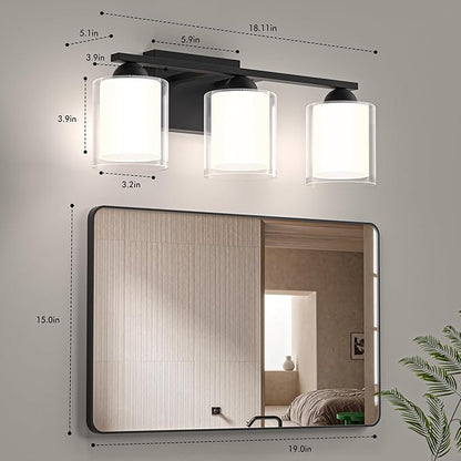 Quntis Black Bathroom Lighting Fixtures Over Mirror with 5 Color Modes, 3 Light Dimmable LED Bathroom Vanity Light, with Eye Care Milk White Frosted Glass, 21W Energy Saving, 16 Inch (Bulbs Included)