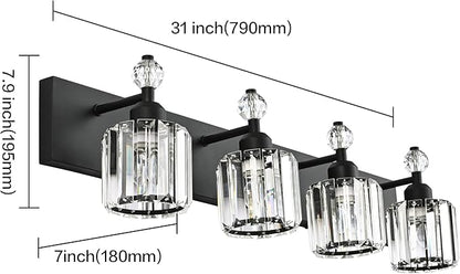 PRESDE Crystal 4- Light Vanity Light for Bathroom，Modern Matte Black Bathroom Lights Fixtures Over Mirror Wall Sconce