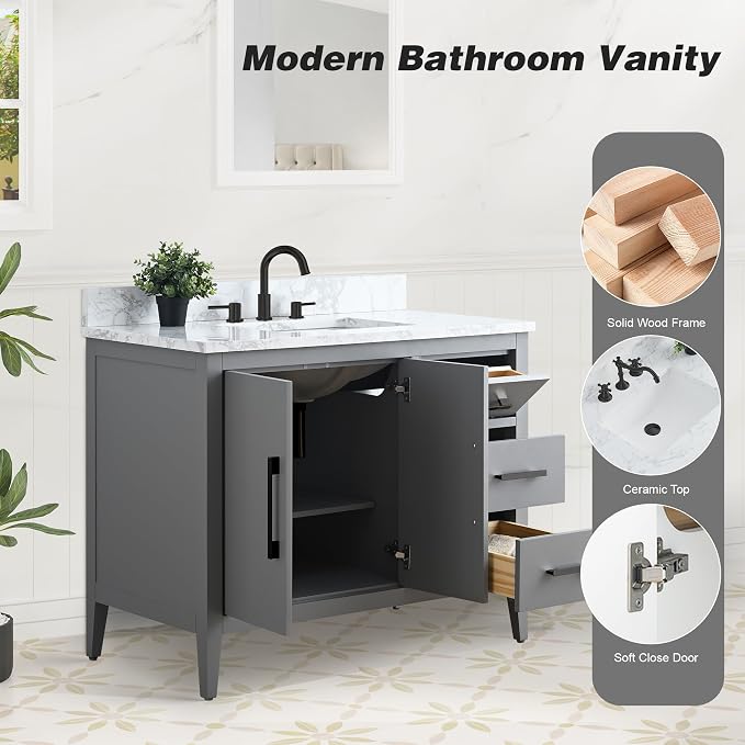 42 Inch Bathroom Vanity with Sink & Ceramic Top, Single Vanity Cabinet with Basin, Soft-Closing Doors & Matte Black Hardware, Grey