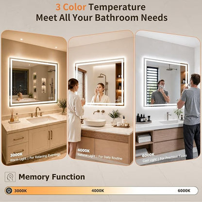 24"x24" LED Bathroom Mirror with Lights, Anti-Fog, Backlit+Frontlit | CRI 95, Stepless Dimmable, 3 Colors Lighting, Shatterproof Tempered Glass, HD Reflection, Memory, (Horizontal/Vertical)