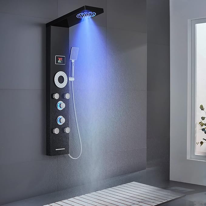 LED Shower Panel Tower System, 304 Stainless Steel Bathroom Shower Tower with 3 Body Massage Jets, Shower Column Wall Mounted