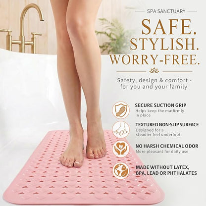 Yimobra Bathtub Mat Non Slip, Super Strong Suction Cups, 28"X16" Long Shower Mat with Drain Holes, Machine Washable Fast Draining Bath Mats, Bathroom Essentials,Pink