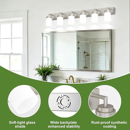 Bathroom Light Fixtures, Brushed Nickel Bathroom Lighting Fixtures Over Mirror, Modern Vanity Light with White Glass Shade, Restroom Lighting Fixtures, 6-Light 46-inch