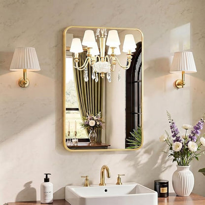 OLIXIS 28x20 Inch Bathroom Wall Mount Mirror with Rounded Rectangle, Gold | Modern Wall Vanity Mirrors for Over Sink with Matte Brush Metal Framed, for Home Decor, Living Room, Bedroom