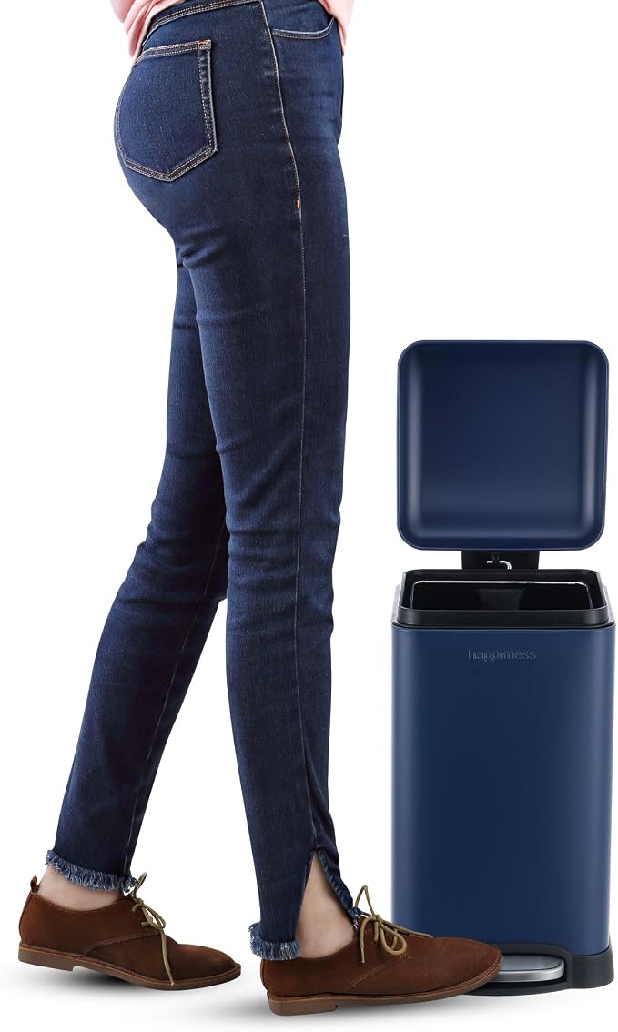 happimess Betty Retro Mini 3.2 Gal Step Trash Can, Denim Blue | Soft-Close Lid, Removable Liner, Iron, Hands-Free Pedal, Satin Finish, Non-Skid Base, Built-In Damper, Modern, Minimalistic