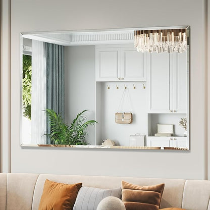 Large Frameless Beveled Bathroom Wall Mirror, 48"x32" Reactangle Frameless Bathroom Wall Mirror Over Sink, Vanity Mirrors for Entryway, Bedroom, Living Room, Hangs Horizontally or Vertically