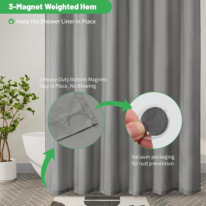 eachope Waterproof Fabric Shower Curtain Liner,72x72 Inch Grey,1 Pack | 3 Heavy-Duty Magnets,Machine Washable,Durable Rustproof Grommets,Hotel Quality,Easy Care,Secure Fit for Bathroom
