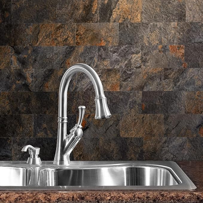 AULIGET 200 Pieces Rust Slate Peel and Stick Backsplash Wall Tiles, 3" x 6" PVC Faux Stone Stick on Tiles for Backsplash Kitchen, Bathroom, Laundry Room, Camper, Fireplace