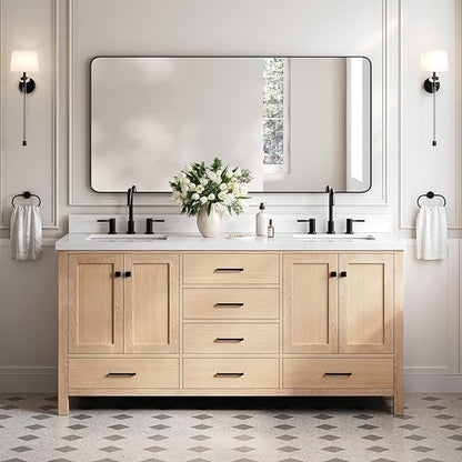 DKB Beckford 72-Inch Oak Double Bathroom Vanity, 1.5-Inch Pure White Quartz Countertop & 4-Inch Backsplash, Rectangle Sinks, 4 Soft Closing Doors, 6 Dovetail Drawers, Matte Black Hardware