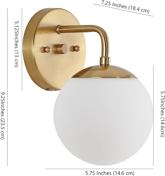 JONATHAN Y 5.75" Brass Gold Modern Globe Wall Sconce Vanity Light for Bathroom, White Frosted Glass Shade, Midcentury Parisian Bistro Wall Lamp, LED Bulb Included JYL3534A