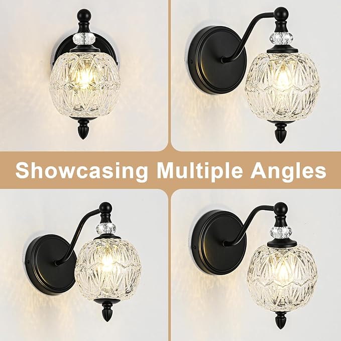 1 Piece Matte Black Wall Sconce, 1-Light Mid Century Farmhouse Style Wall Sconce with Globe Glass Shade, Retro Light for Bathroom, Bedroom, Living Room, Powder Room