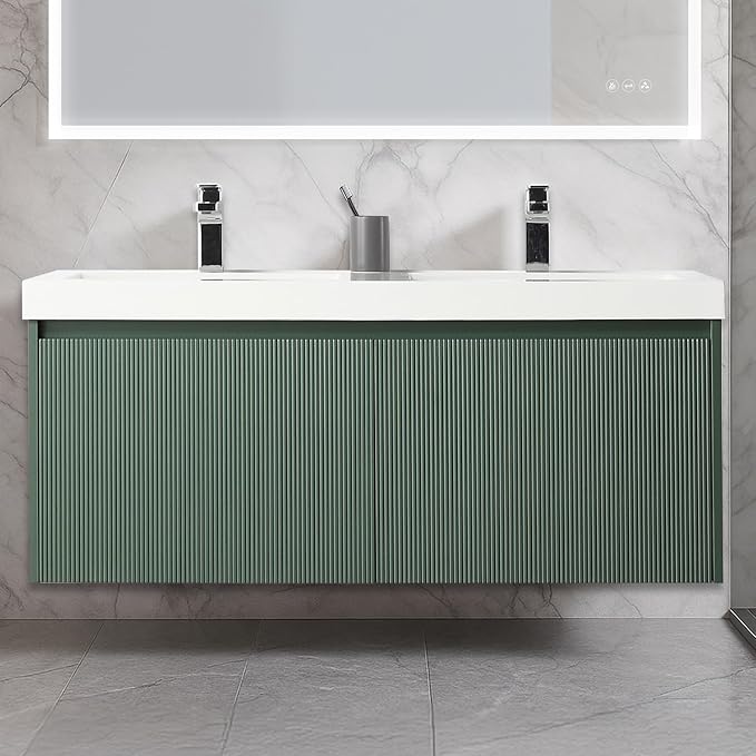 Blossom 48 Inch Double Sink Bathroom Vanity, All Wood Wall Mounted Floating Bathroom Vanity Cabinet with Acrylic Sink, Bathroom Sink Cabinet with Soft-Close Drawers, Modern Vanities, Aventurine Green