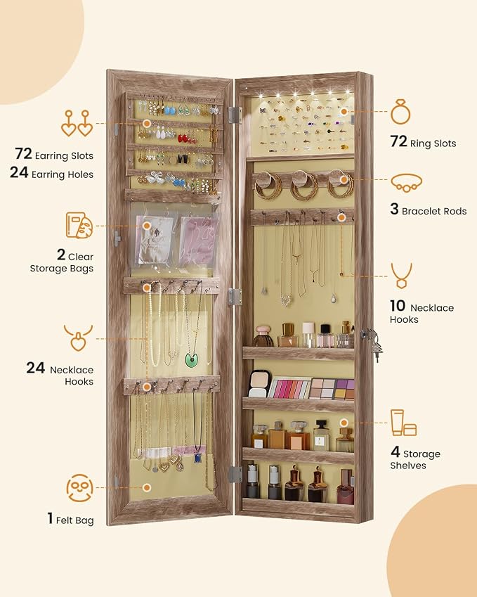 LVSOMT Over The Door Jewelry Organizer, 6 LED Wall Mounted Jewelry Cabinet | Lockable 42.5" Full Length Mirror with Jewelry Storage, Hanging Jewelry Mirror Cabinet, Jewelry Armoire for Women, Wood