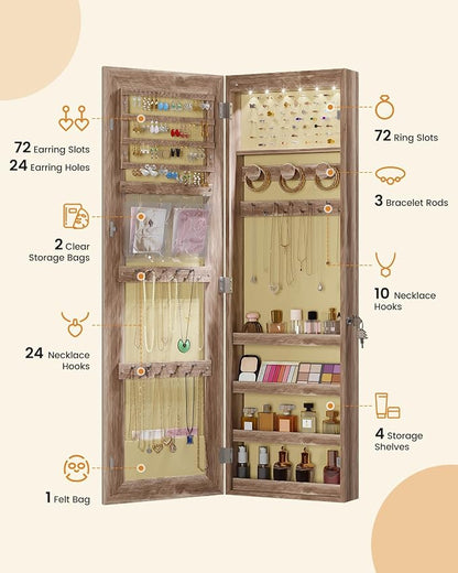 LVSOMT Over The Door Jewelry Organizer, 6 LED Wall Mounted Jewelry Cabinet | Lockable 42.5" Full Length Mirror with Jewelry Storage, Hanging Jewelry Mirror Cabinet, Jewelry Armoire for Women, Wood