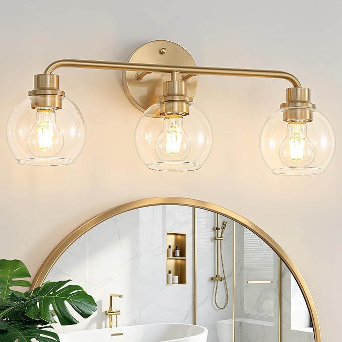 22 Inch Bathroom Light Fixtures Gold Vanity Light 3 Light Brushed Brass | Intrfimaso Wall Sconces Lighting with Clear Globe Glass Shades Bath Wall Lamp for Mirror Living Room Bedroom Hallway