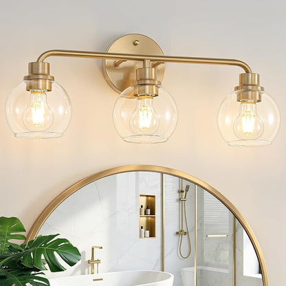 22 Inch Bathroom Light Fixtures Gold Vanity Light 3 Light Brushed Brass | Intrfimaso Wall Sconces Lighting with Clear Globe Glass Shades Bath Wall Lamp for Mirror Living Room Bedroom Hallway