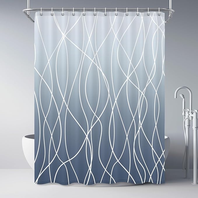 Striped Shower Curtain for Bathroom, Ombre Blue, 72" W x 84" L | with Hooks, Modern Hotel Style, Water Repellent, Washable, Weighted Hem