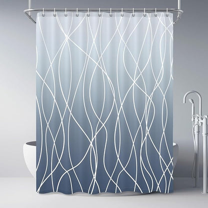 Striped Shower Curtain for Bathroom, Ombre Blue, 72" W x 84" L | with Hooks, Modern Hotel Style, Water Repellent, Washable, Weighted Hem