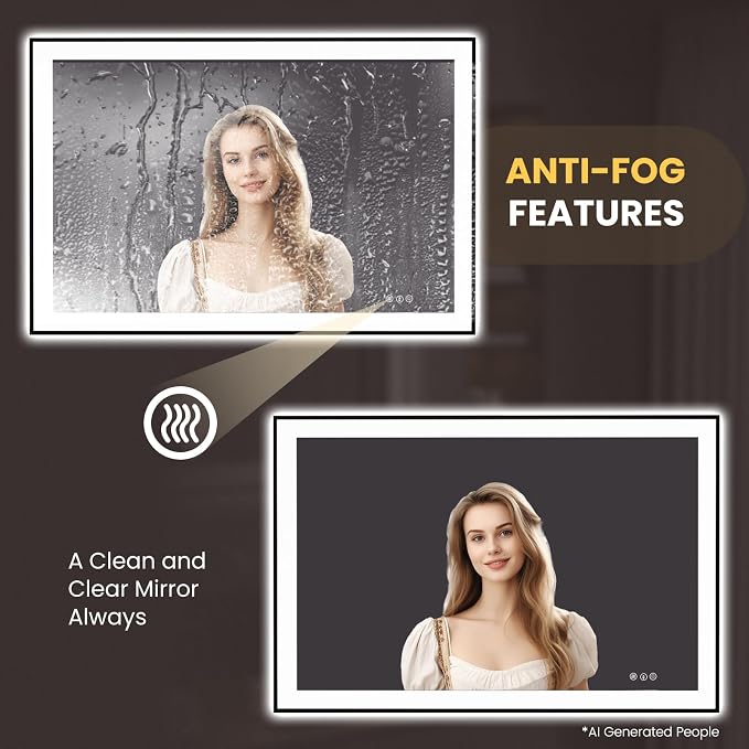 LOAAO 48"X32" LED Bathroom Mirror Black Framed | Anti-Fog, Dimmable, Memory Function, Tempered Glass, Lighted Vanity Mirror for Wall