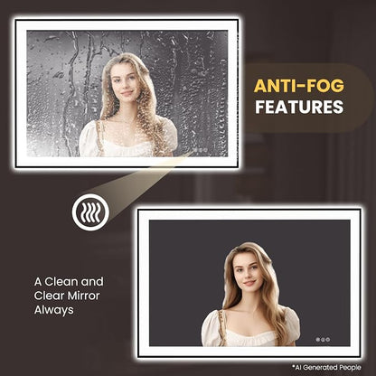 LOAAO 48"X32" LED Bathroom Mirror Black Framed | Anti-Fog, Dimmable, Memory Function, Tempered Glass, Lighted Vanity Mirror for Wall
