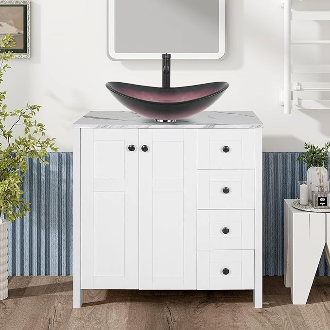 32" White Bathroom Vanity with Marble Texture Top and 4 Drawers, Modern Standing Pedestal Cabinet with Pink Boat Glass Vessel Sink