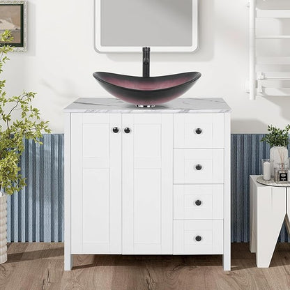 32" White Bathroom Vanity with Marble Texture Top and 4 Drawers, Modern Standing Pedestal Cabinet with Pink Boat Glass Vessel Sink