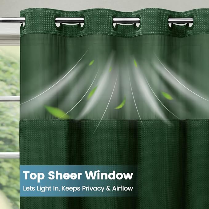 SORTTO No Hook Shower Curtain with Snap in Liner Set Waffle Shower Curtain for Bathroom Hotel Style Fabric Waterproof Inner Liner，71" W x 74" H, Dark Green
