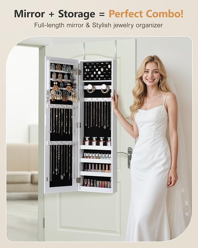 Nicetree Jewelry Cabinet Armoire, Hanging Jewelry Organizers and Storage, Lockable Jewelry Cabinet with Full-Length Mirror, Wall or Door Mount Jewelry Mirror Cabinet, Shelves, Polishing Cloth
