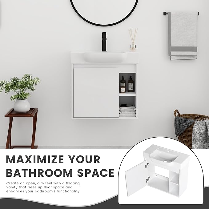 24 Inch Floating Vanity,24" Bathroom Vanity with Sink Combo,Modern Single Sink Bathroom Vanity Combo,White Wall Mounted Cabinet Set