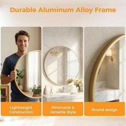 Sweetcrispy Round Bathroom Mirror for Over Sink, 28 Inch Vanity Wall Mirror | Matte Metal Frame, Home Decor Circle Mirrors for Bathroom, Entryway, Bedroom, Gold