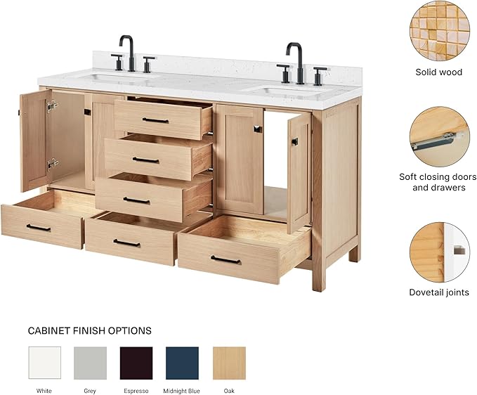 ARIEL Cambridge 66-inch Bathroom Vanity with Sink,Solid Wood, 1.5-inch Carrara White Quartz Countertop, Double Rectangular Porcelain Sink, 4 Soft Closing Doors, 6 Dovetail Drawers, White Oak