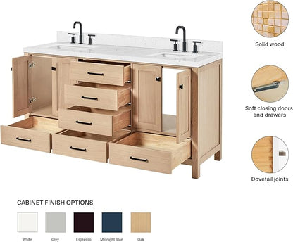 ARIEL Cambridge 66-inch Bathroom Vanity with Sink,Solid Wood, 1.5-inch Carrara White Quartz Countertop, Double Rectangular Porcelain Sink, 4 Soft Closing Doors, 6 Dovetail Drawers, White Oak