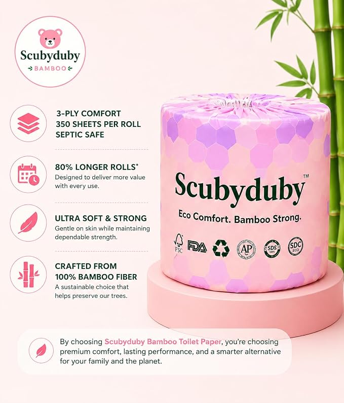 Bamboo Toilet Paper | 24 Mega Rolls | 3-Ply | 350 Sheets | PFAS Free | FSC Certified | Septic Safe | Tree-Free Toilet Tissue | Soft & Strong for Sensitive Skin | Plastic-Free Packaging