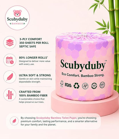 Bamboo Toilet Paper | 24 Mega Rolls | 3-Ply | 350 Sheets | PFAS Free | FSC Certified | Septic Safe | Tree-Free Toilet Tissue | Soft & Strong for Sensitive Skin | Plastic-Free Packaging