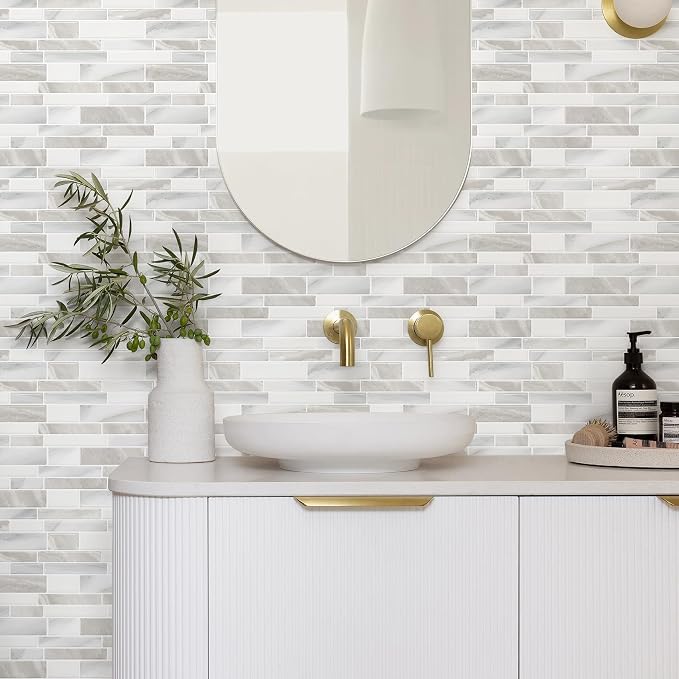 STICKGOO Thicker Design Peel and Stick Tile Backsplash, 12”×12” Stick on Backsplash for Kitchen, Self Adhesive Tile Stickers for Kitchen Backsplash and Bathroom(10 Sheets, Glossy Beige Gray White)