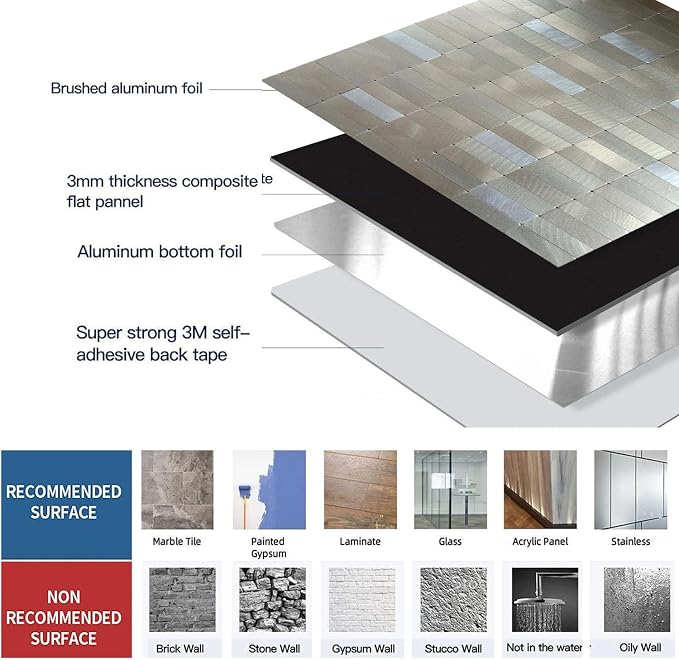 XUANINY Peel and Stick Tile Backsplash Self- Adhesive Wall Tiles Aluminum Mosaic Sticker for Kitchen (11.33"x11.92" Per Sheet, Pack of 8 pcs) (Frosted Champagne+Frosted Silver 8)