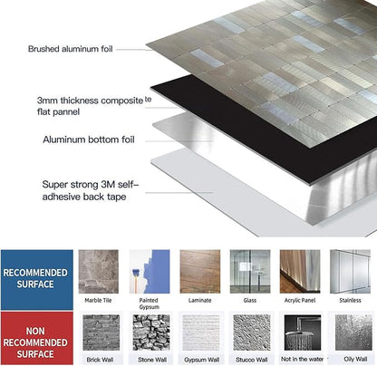 XUANINY Peel and Stick Tile Backsplash Self- Adhesive Wall Tiles Aluminum Mosaic Sticker for Kitchen (11.33"x11.92" Per Sheet, Pack of 8 pcs) (Frosted Champagne+Frosted Silver 8)