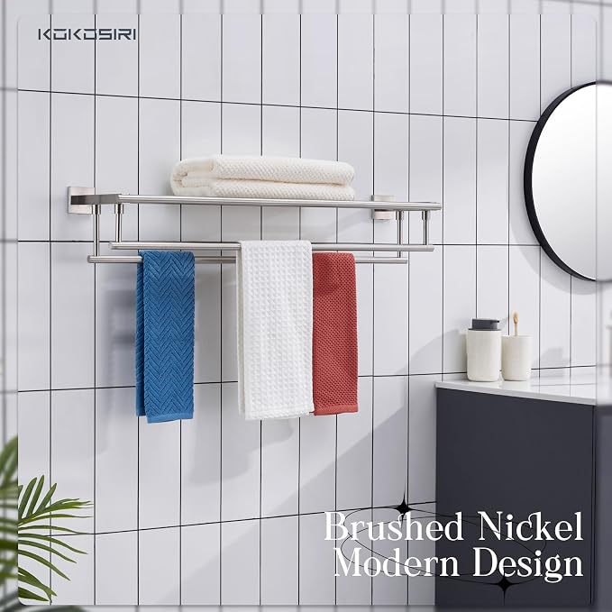 KOKOSIRI Towel Shelf with Double Towel Bars 32 Inches Bathroom Towel Rack Bath Towel Holder Wall Mounted Stainless Steel, Brushed Nickel, B6005BR-L32