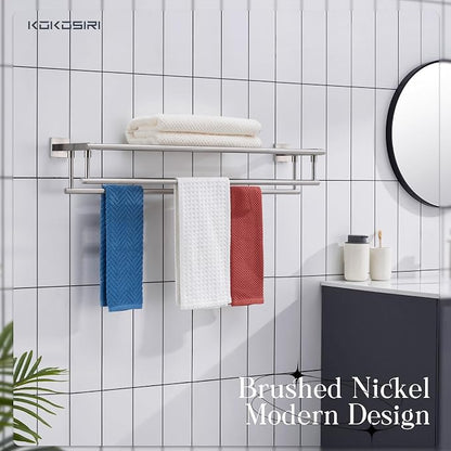 KOKOSIRI Towel Shelf with Double Towel Bars 32 Inches Bathroom Towel Rack Bath Towel Holder Wall Mounted Stainless Steel, Brushed Nickel, B6005BR-L32